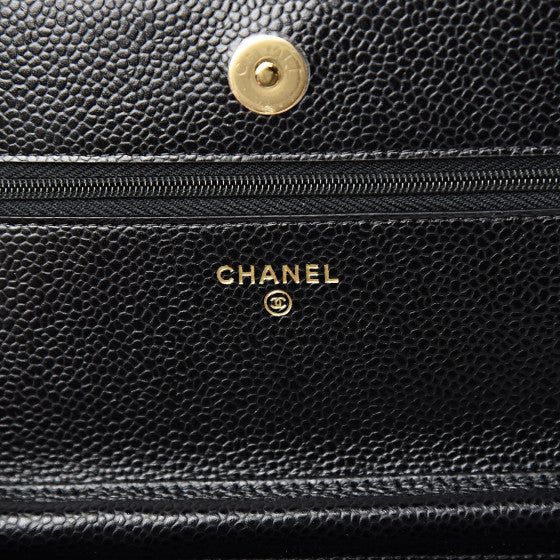 CHANEL Black Caviar Quilted Leather Wallet On A Chain Shoulder Bag