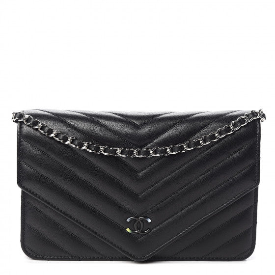 CHANEL Black Chevron Leather Wallet On A Chain Shoulder Bag