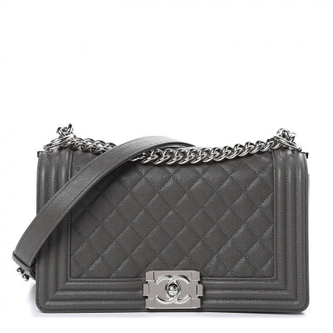 CHANEL Gray Caviar Quilted Leather Boy Flap Shoulder Bag