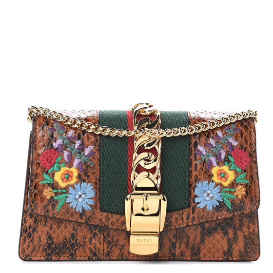 GUCCI Multicolor Snakeskin Floral Embroidered Sylvie Shoulder Bag