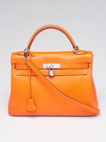 HERMES 32cm Orange Swift Leather Kelly Retourne Shoulder Bag