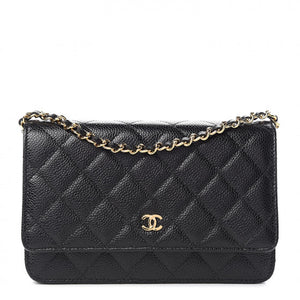 CHANEL Black Caviar Quilted Leather Wallet On A Chain Shoulder Bag