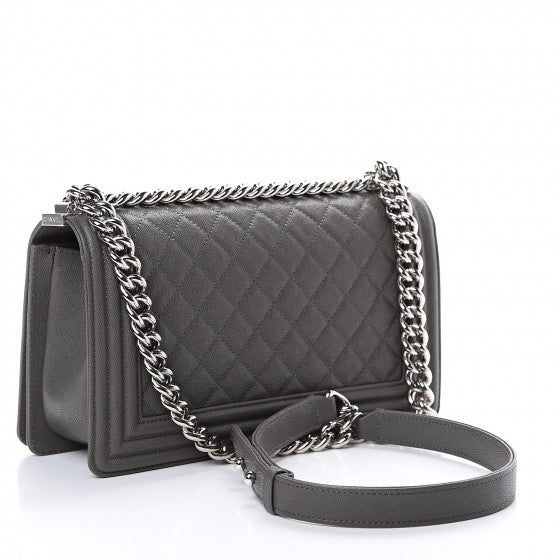 CHANEL Gray Caviar Quilted Leather Boy Flap Shoulder Bag